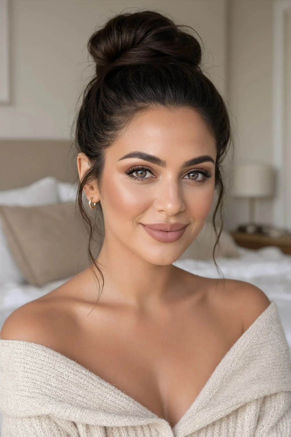 Luminous peach soft glam with rosy-peach blush, soft brown eyes, and matte nude lips