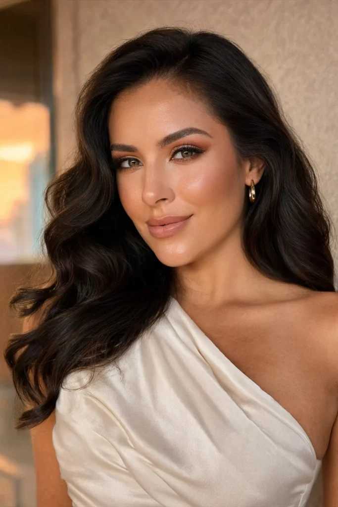 Warm peach evening glam with copper eyeshadow, luminous cheeks, and glossy nude lips