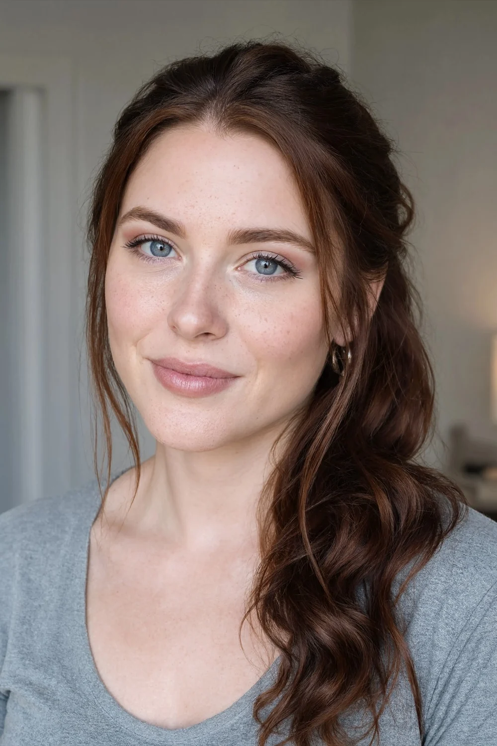 Minimal peach makeup with freckles, soft lashes, and a natural pink-peach lip