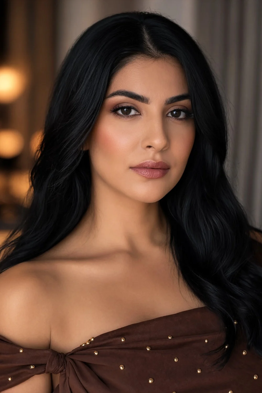 Soft matte peach glam with smoky brown eyes, warm blush, and mauve-nude lips