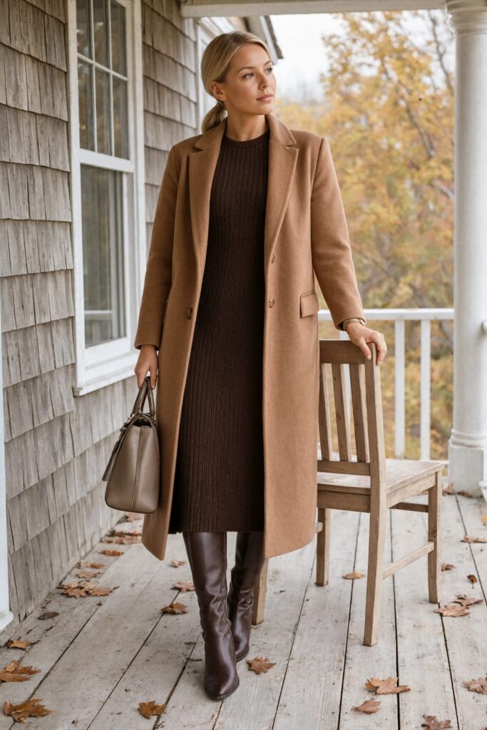 Camel coat over chocolate knit dress, tall brown boots and light handbag.
