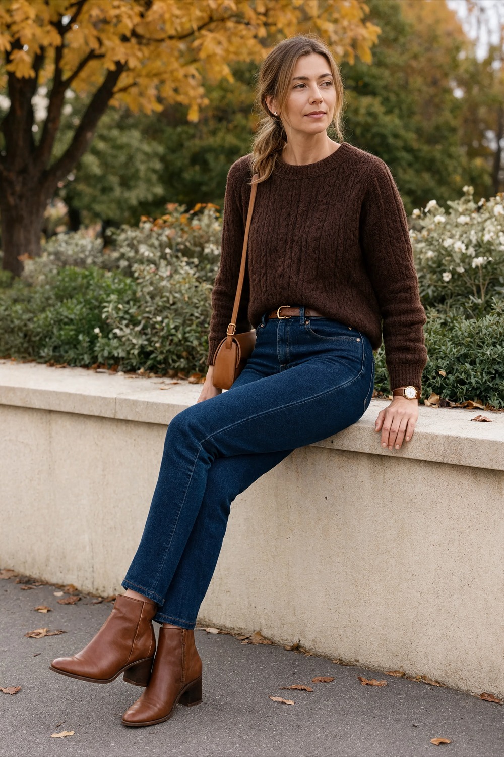 Chunky dark chocolate sweater with straight blue jeans and brown ankle boots.