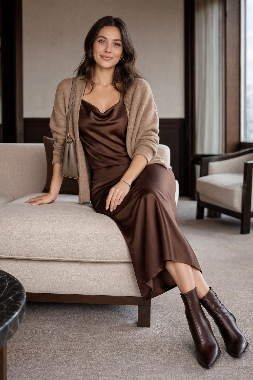Chocolate satin-look midi slip dress with light cardigan and brown boots.