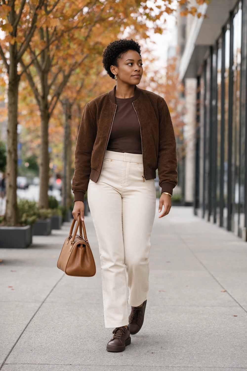 Dark brown suede-effect bomber with matching top and straight cream trousers.