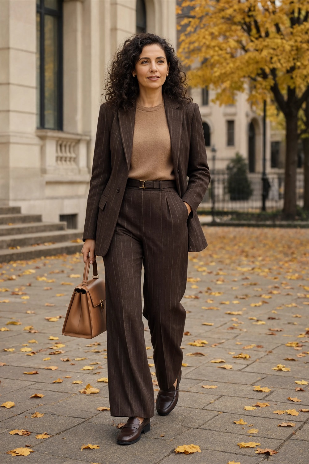 Chocolate brown pinstripe suit with beige knit, brown loafers and tan handbag.