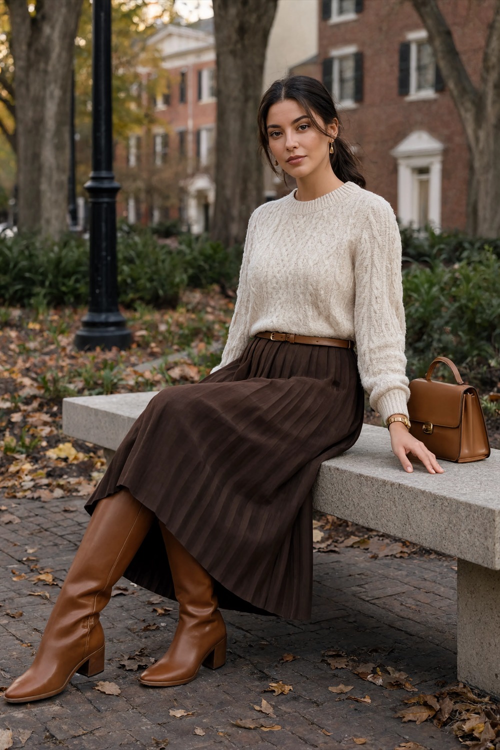 Cream cable knit sweater with chocolate pleated midi skirt and tall cognac boots.
