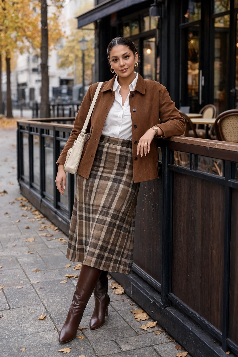 Brown suede-effect overshirt, white shirt, plaid midi skirt and tall brown boots.