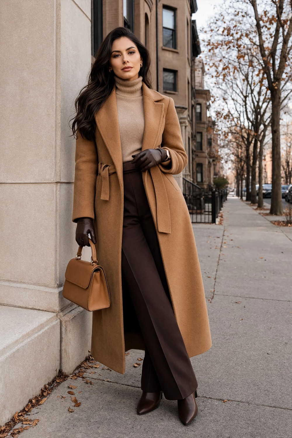 Long belted camel coat with beige turtleneck and wide chocolate brown pants.