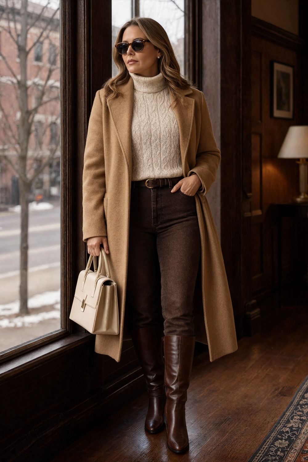 Camel coat, cream cable-knit sweater, chocolate jeans and tall brown boots.