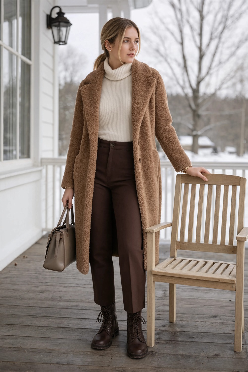 Long caramel teddy-look coat with cream turtleneck and brown trousers in snow.