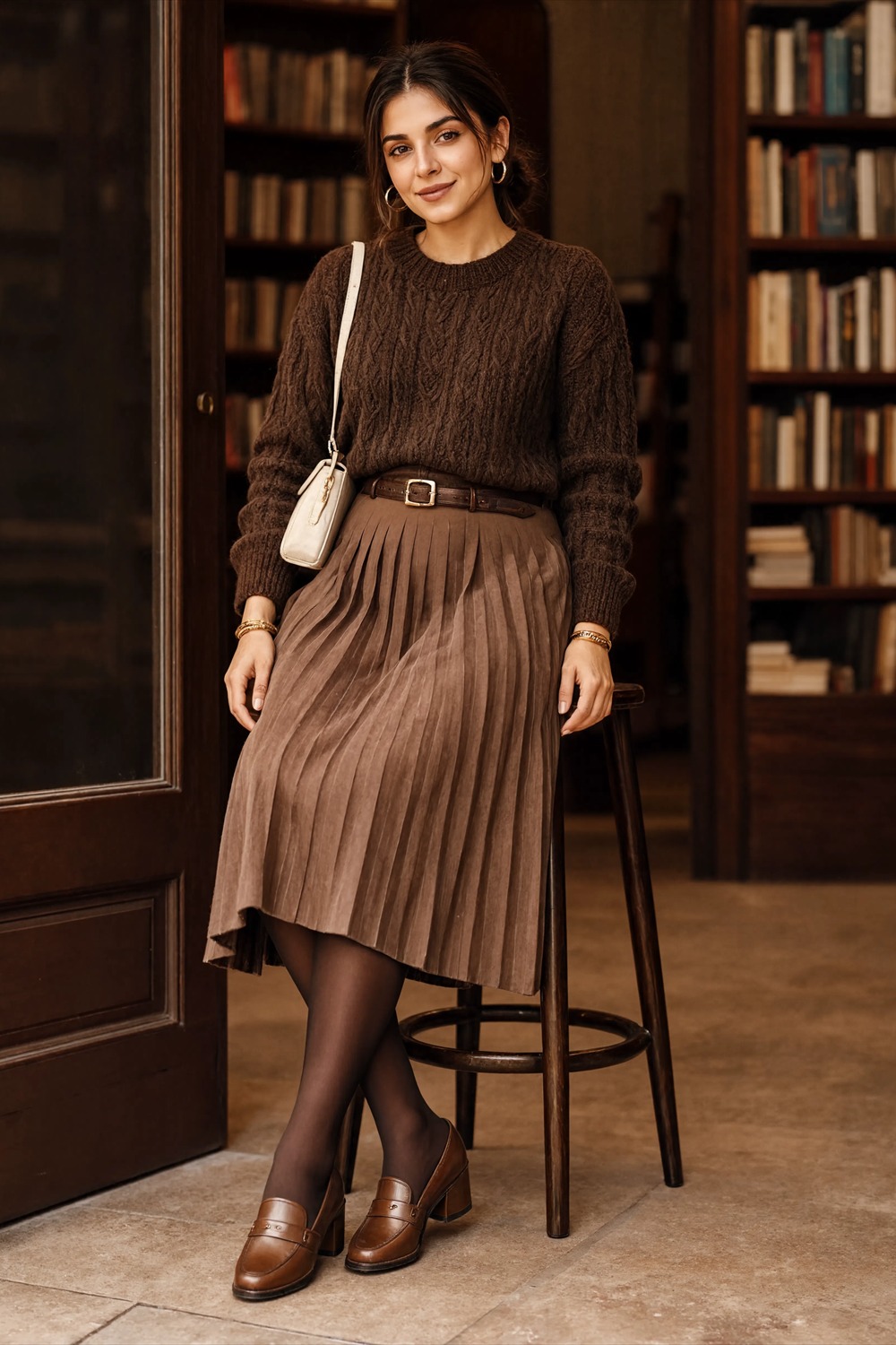Dark chocolate cable-knit sweater and pleated brown midi skirt with boots.