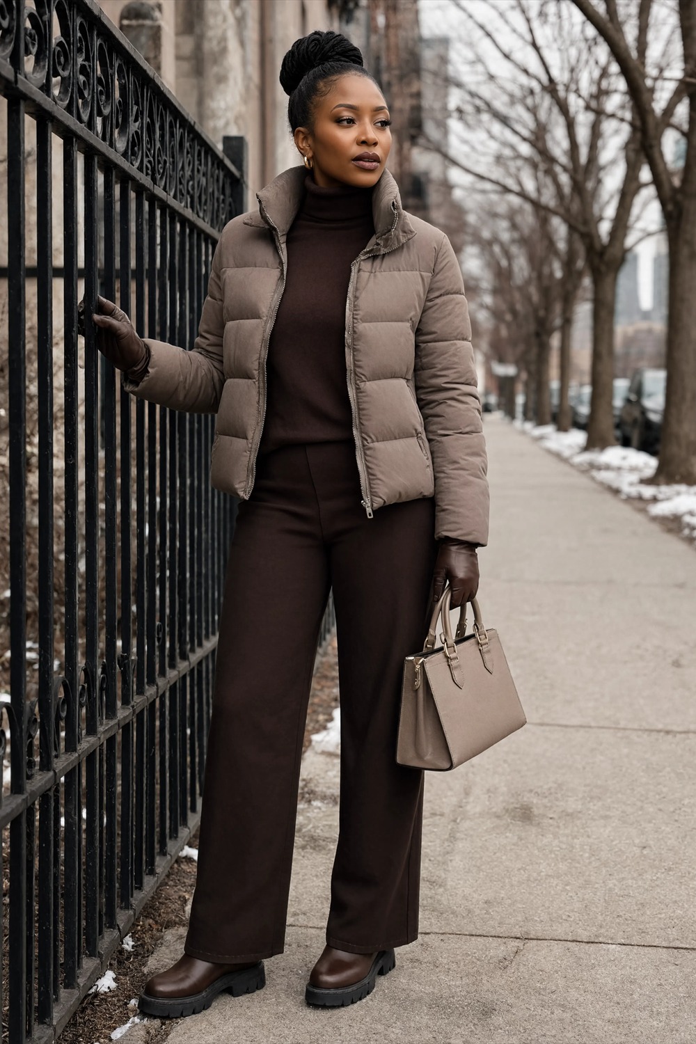 Short taupe puffer with chocolate turtleneck, wide dark trousers and winter boots.