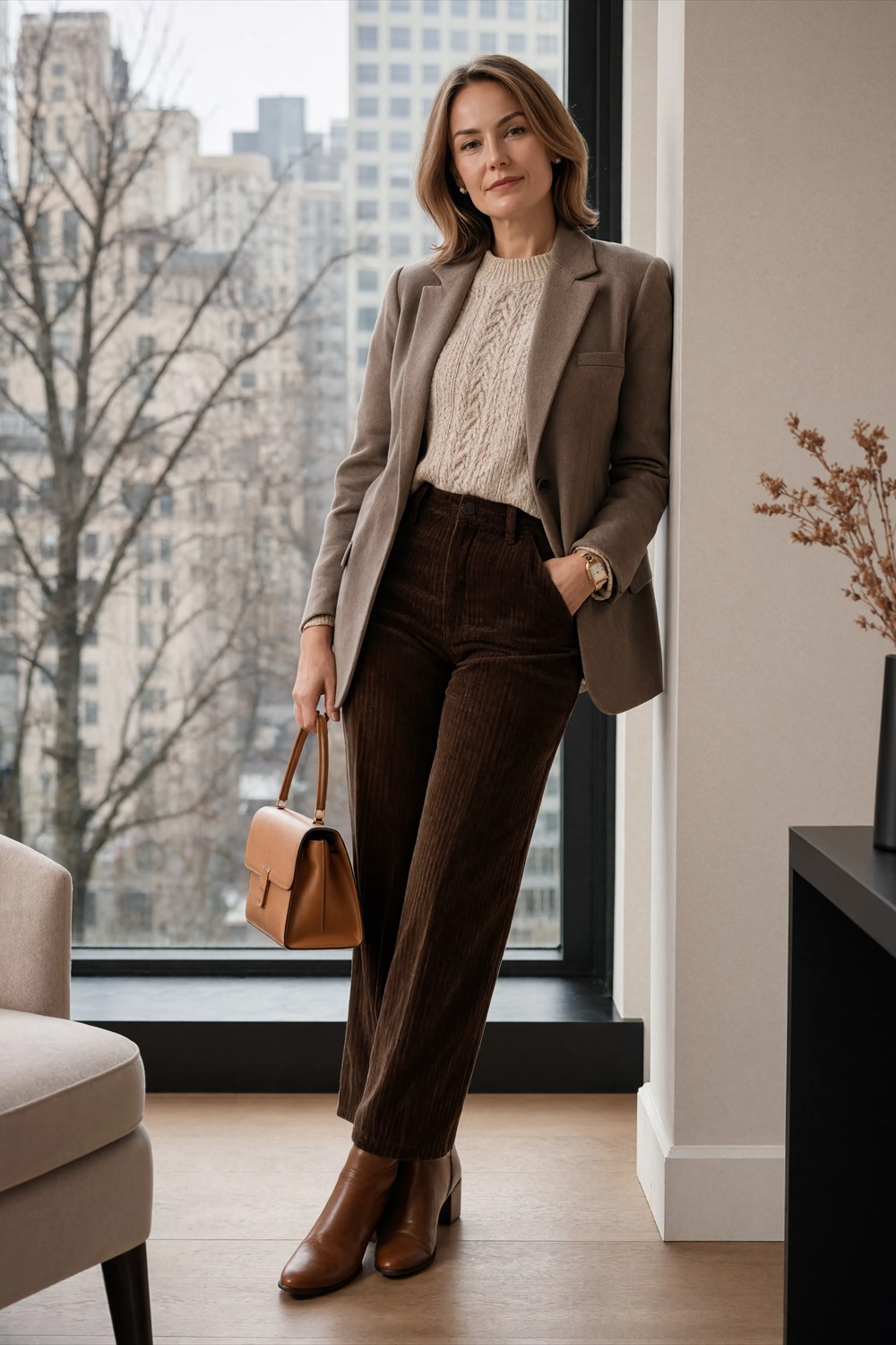 Taupe blazer with cream sweater, chocolate trousers and brown ankle boots.