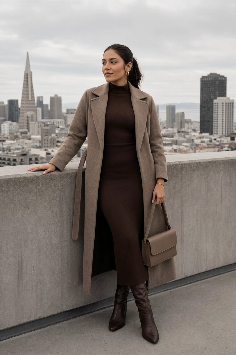 Greige coat over chocolate turtleneck knit dress with brown boots.