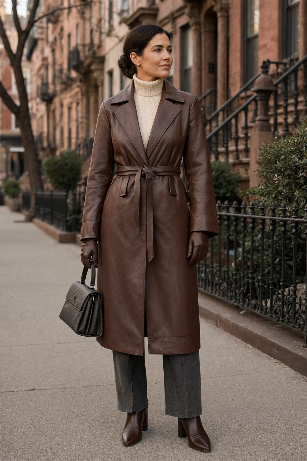 Belted chocolate leather-look coat with cream turtleneck and tailored gray trousers.