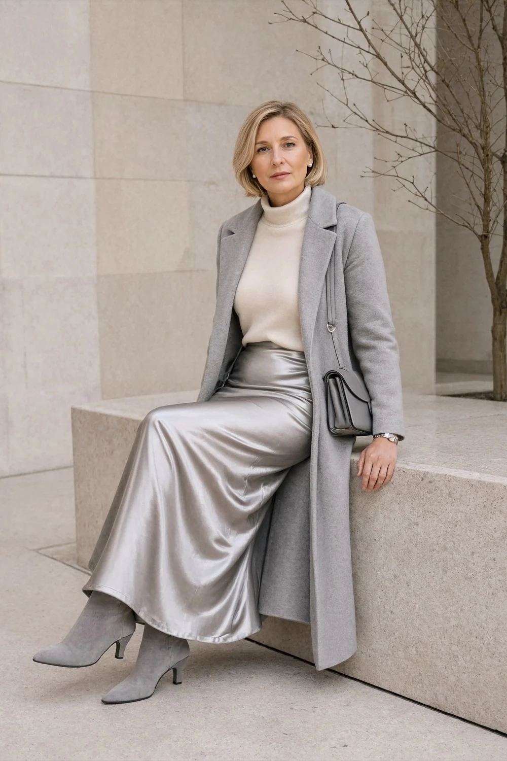Light gray coat, cream turtleneck, silvery satin-look midi skirt, gray boots, and matching handbag.