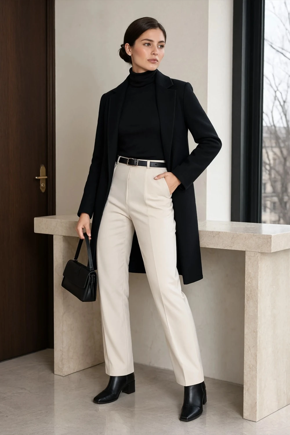 Long black coat and black turtleneck worn with straight ivory trousers, black ankle boots, and a dark handbag.