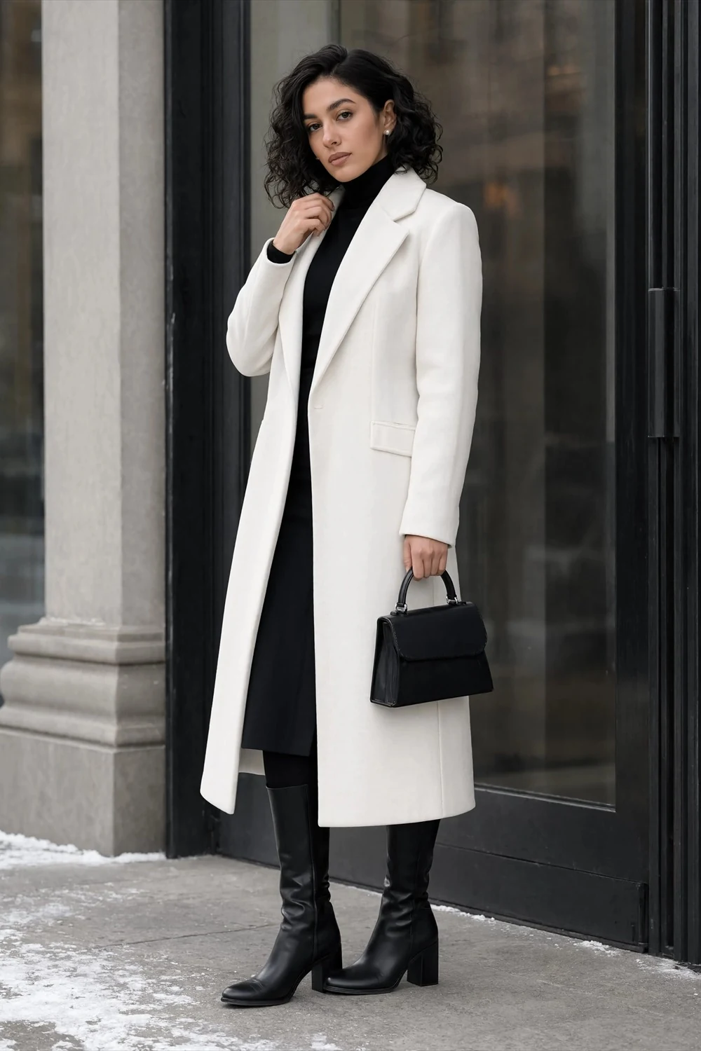 Straight white coat over a black winter outfit with black tall boots and black handbag.