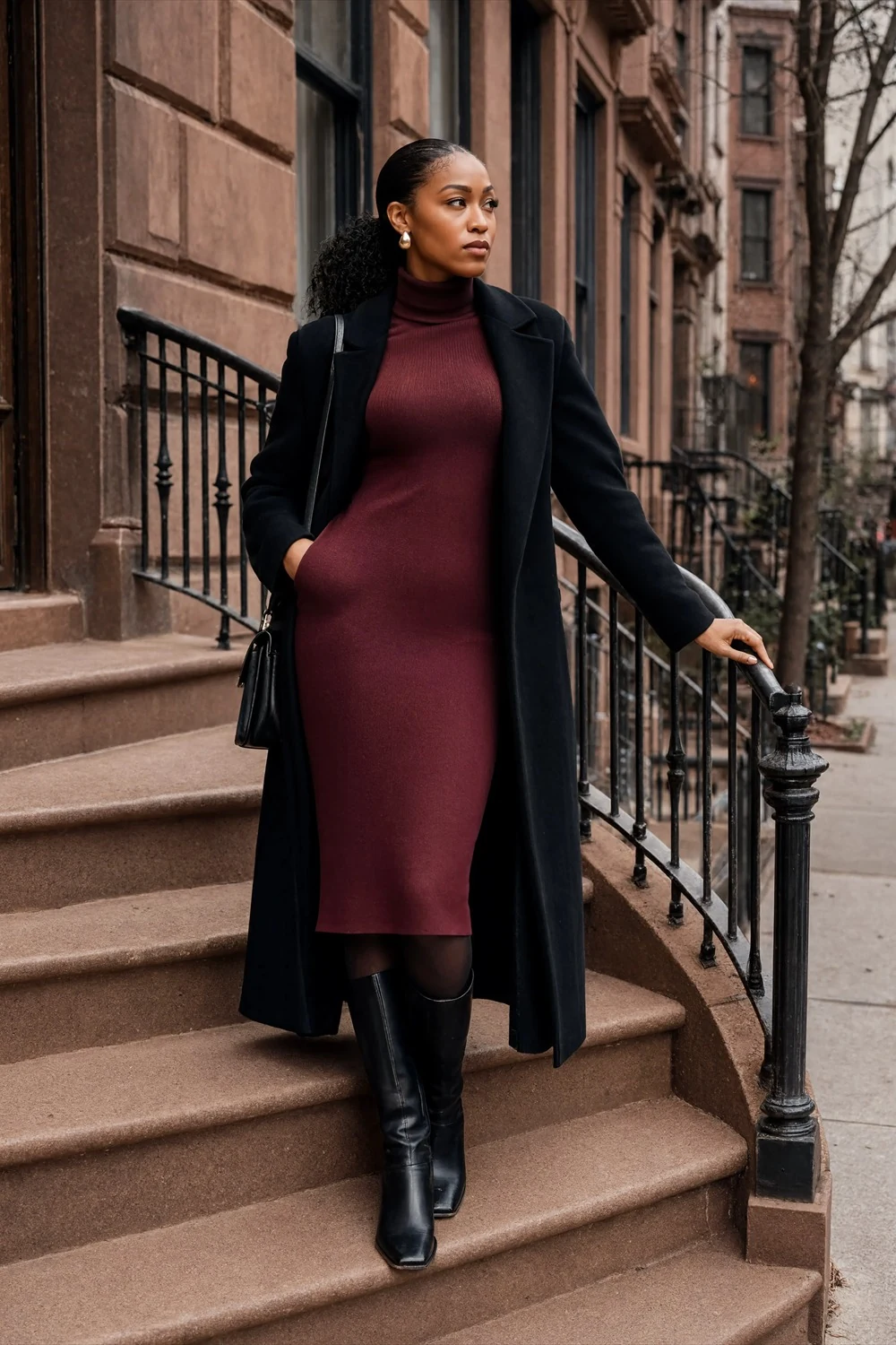 Burgundy knit midi dress under a long black coat with dark tights and tall black boots.