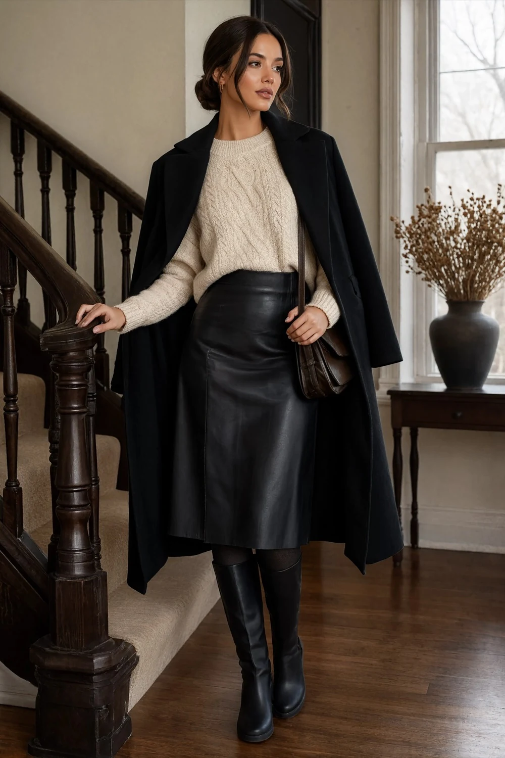 Cream cable-knit sweater and black leather-look midi skirt with long black coat and tall boots.