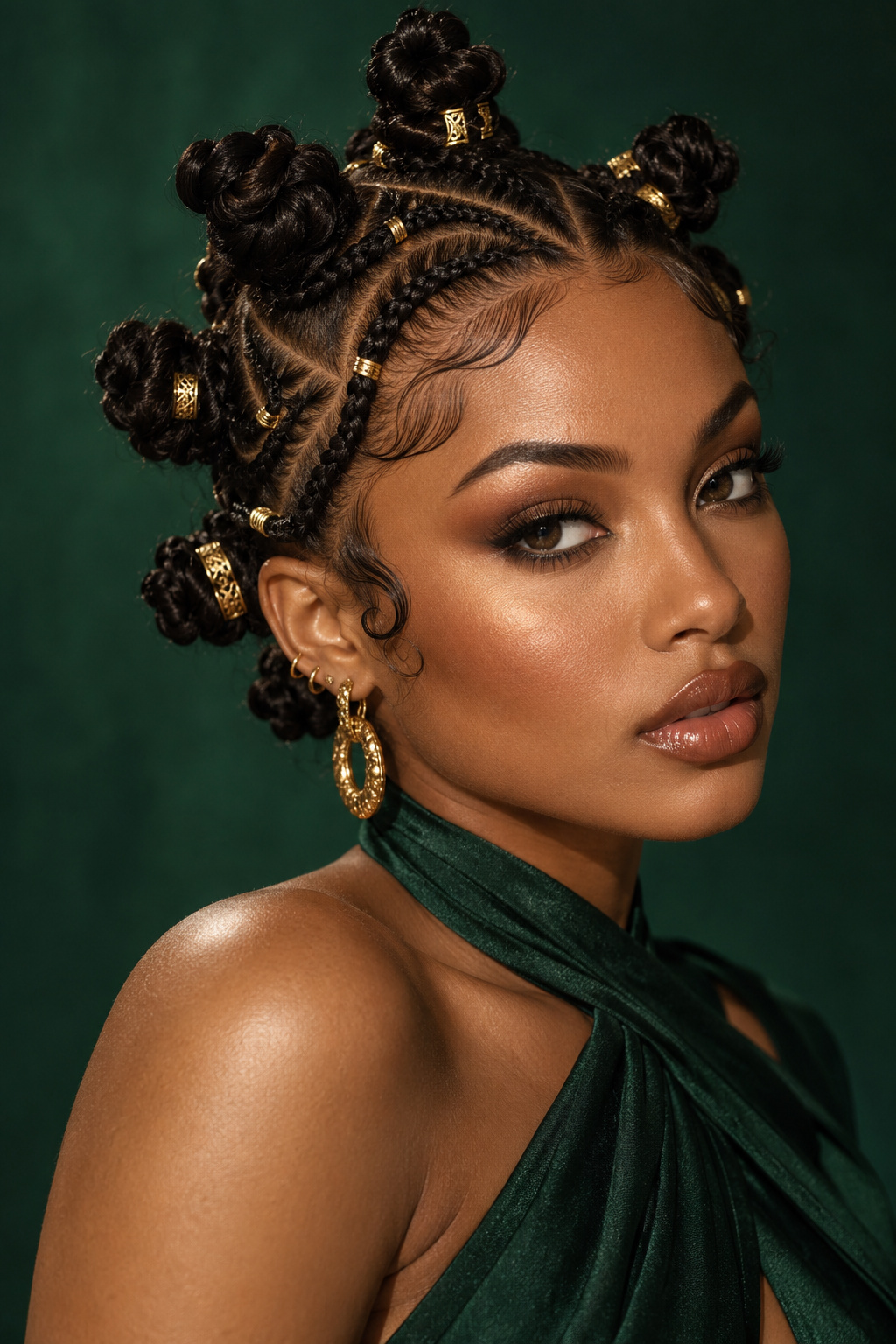 Bantu knots with small gold hair cuffs, braided sections and precise curved parts.