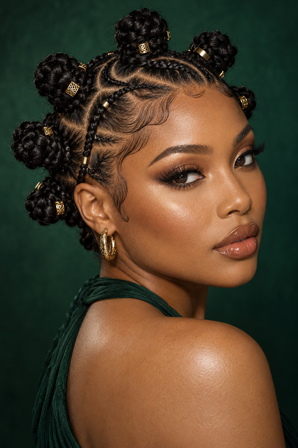 Close-up portrait of dark Bantu knots accented with gold cuffs and neat braided details.