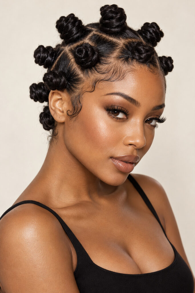 Portrait of a woman with medium-size dark Bantu knots, sharp crisscrossing parts and styled edges.