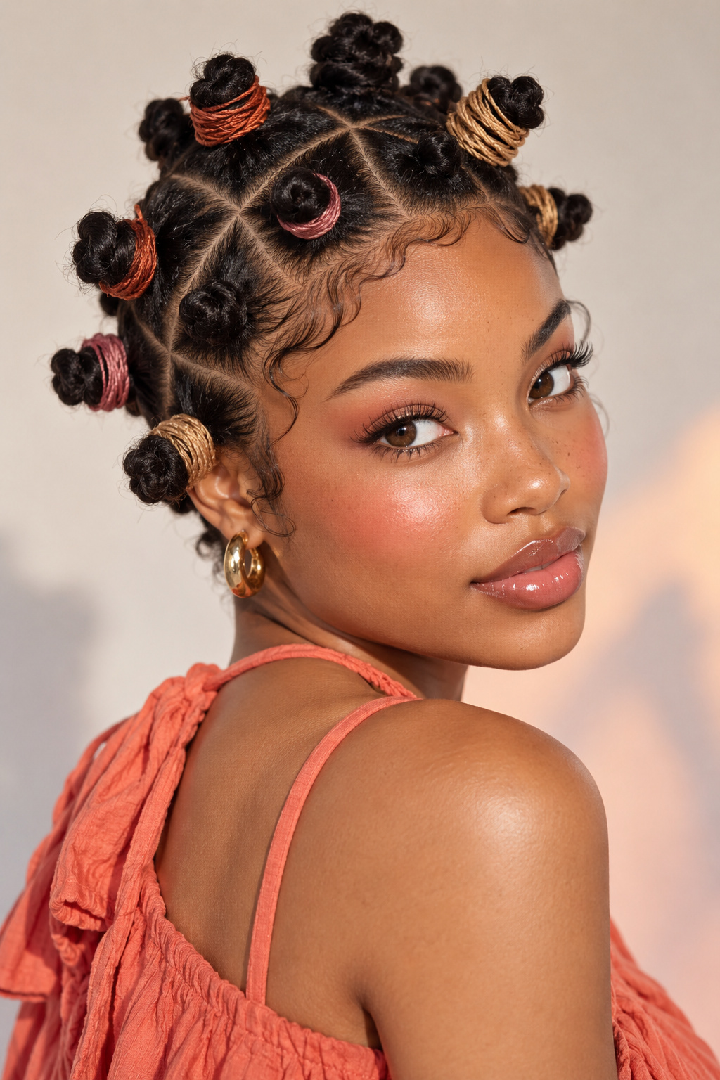 Small dark Bantu knots wrapped with contrasting orange, copper and golden accents.
