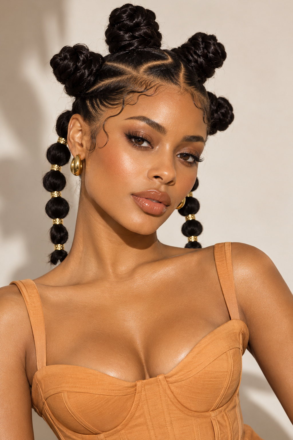 Front portrait of Bantu knots with two long segmented strands hanging on either side.