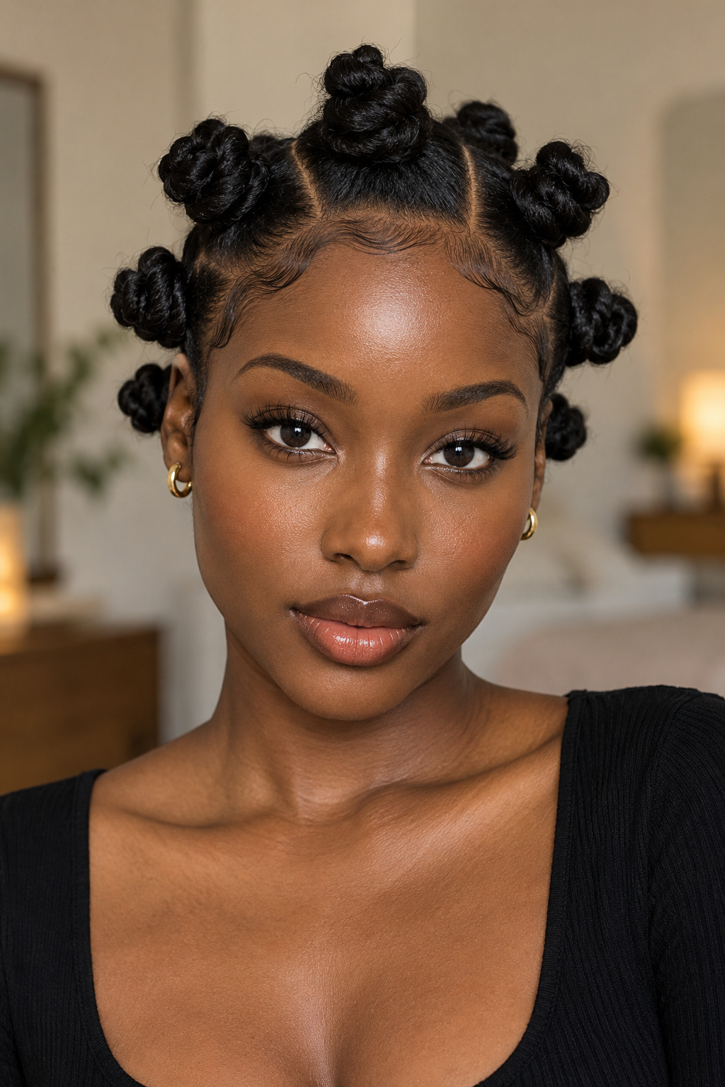Front view of compact dark Bantu knots with neat symmetric partings and softly styled edges.