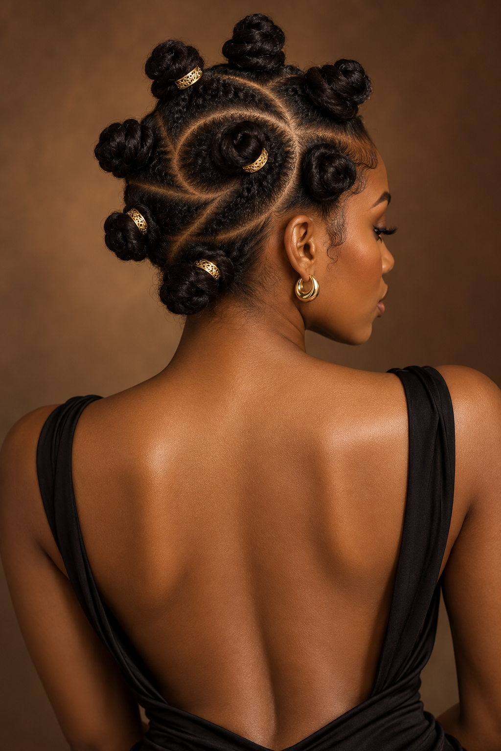 Back and side view of Bantu knots with curved spiral partings and tiny gold accents.