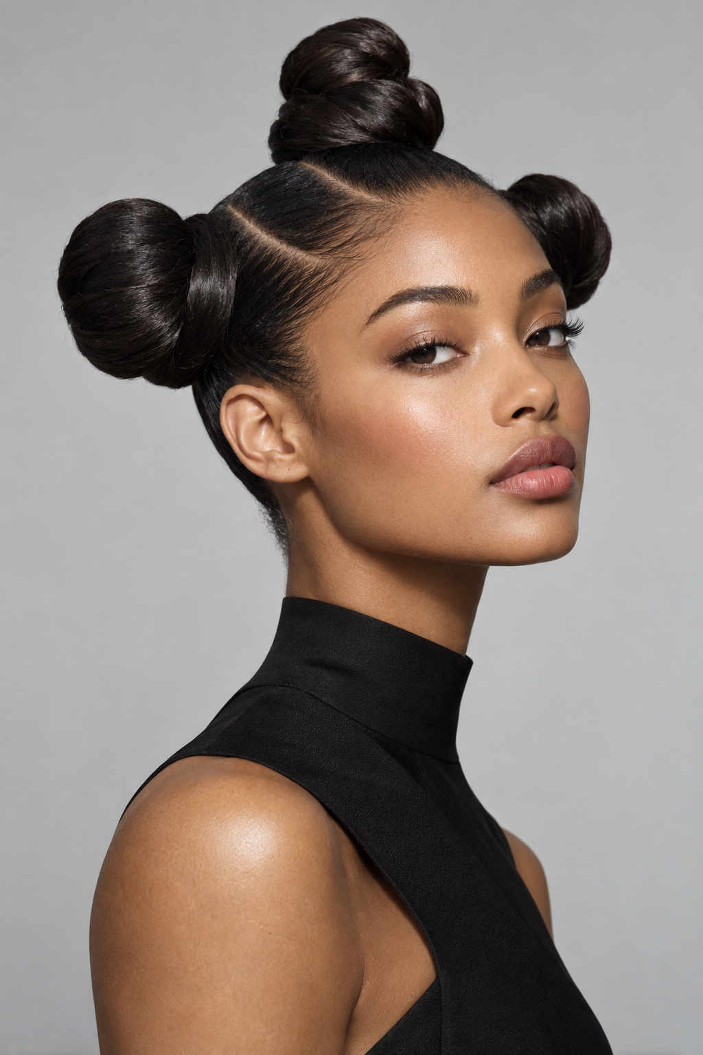 Three oversized smooth dark hair knots arranged at the crown and sides of the head.