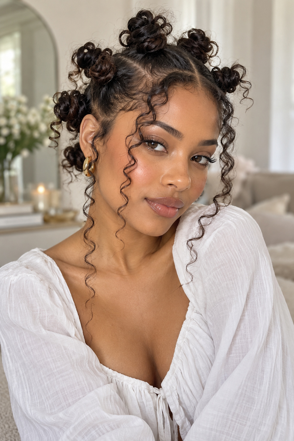 Small Bantu knots with loose, defined curls falling beside the cheeks.