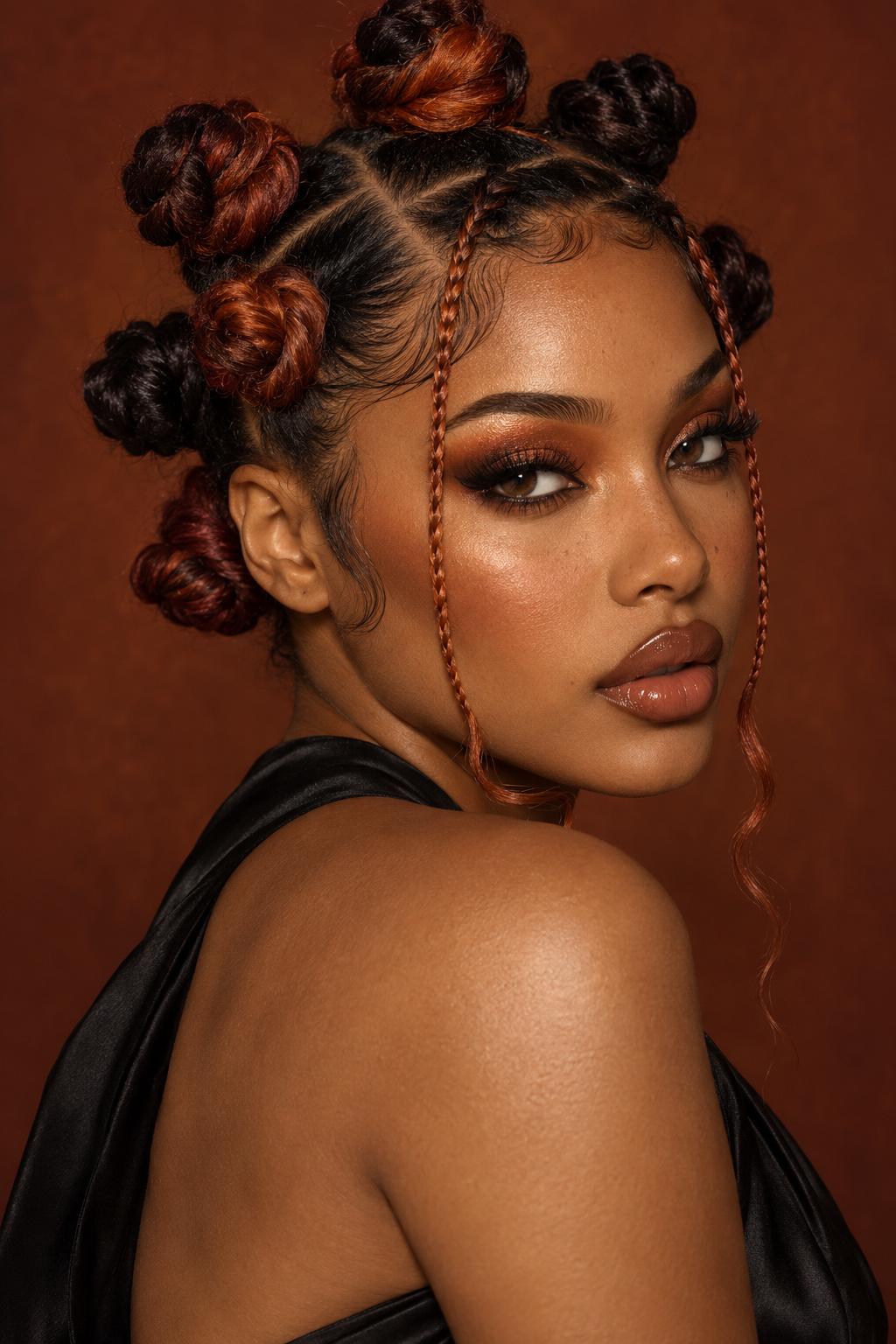 Copper and dark brown Bantu knots with thin braided strands falling beside the face.