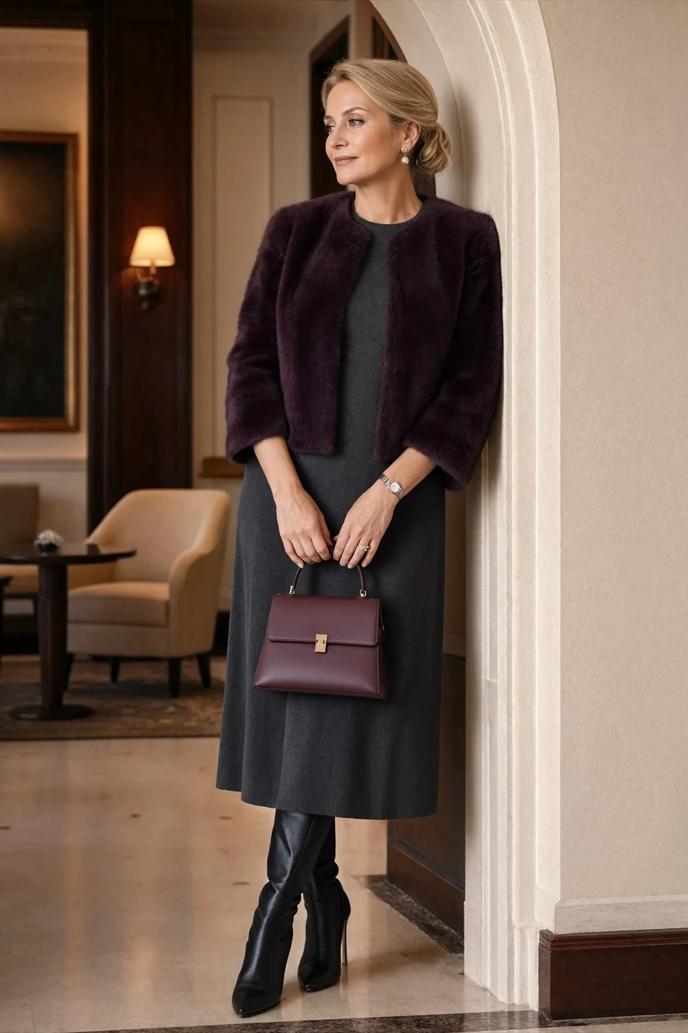 Short plush burgundy jacket worn over a dark gray midi dress with tall black boots and a burgundy bag.