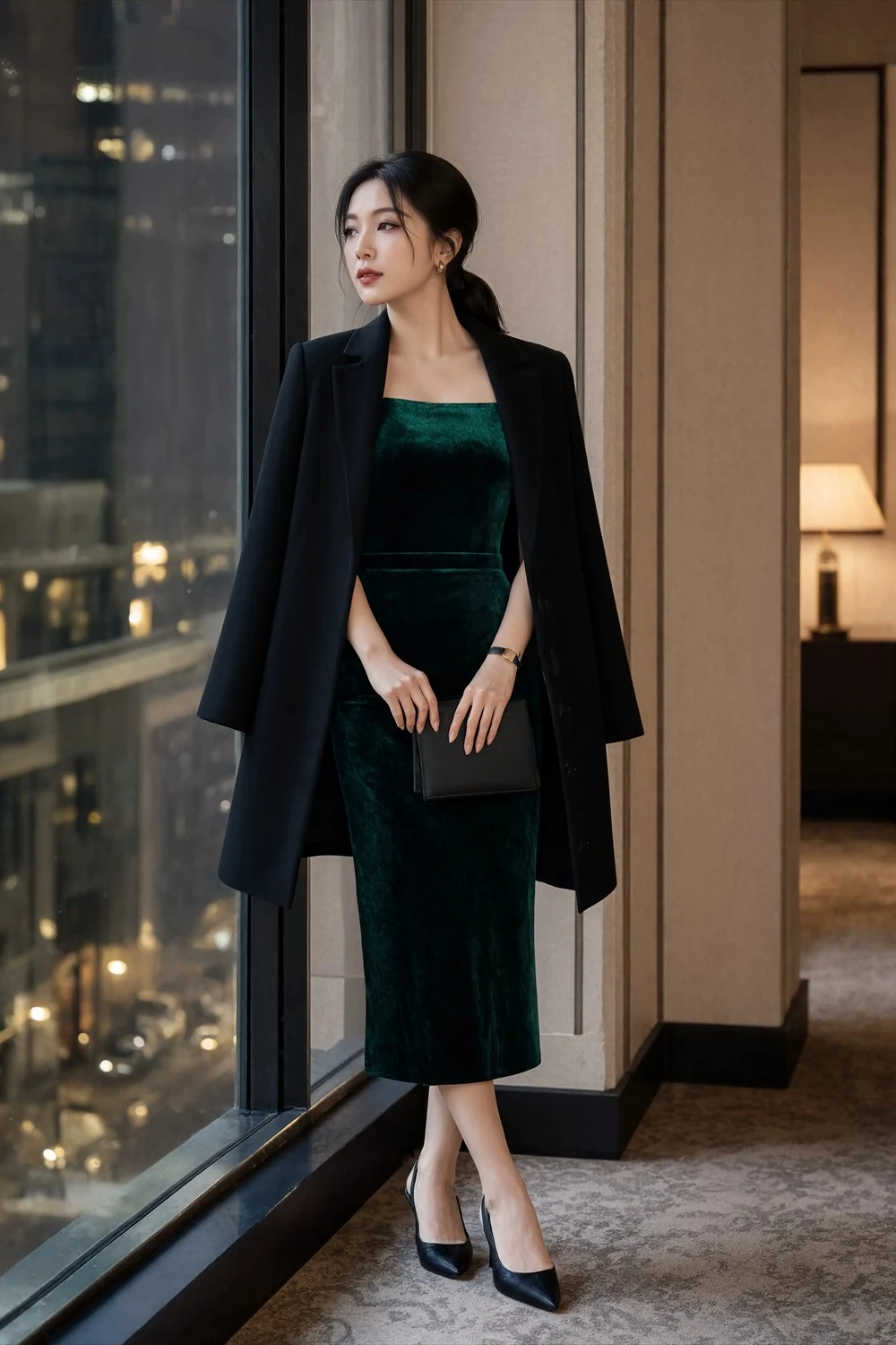 Emerald velvet-look midi dress with a black coat, black pumps, and a dark clutch for an evening occasion.