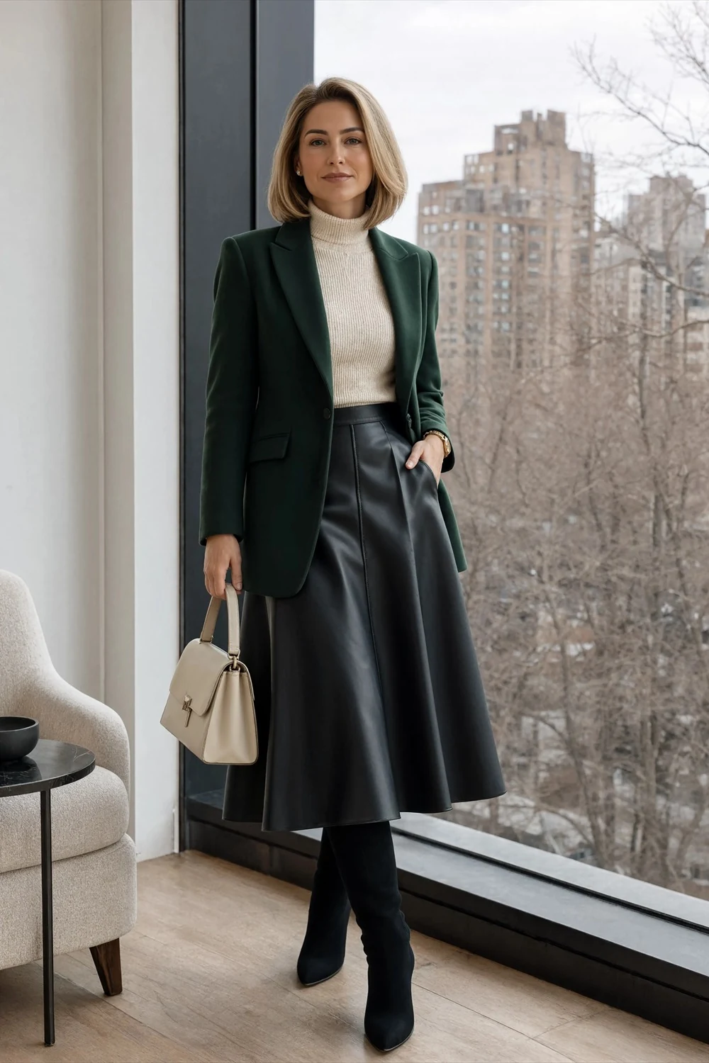 Dark green blazer over a cream turtleneck and black leather-look midi skirt, finished with knee-high boots.