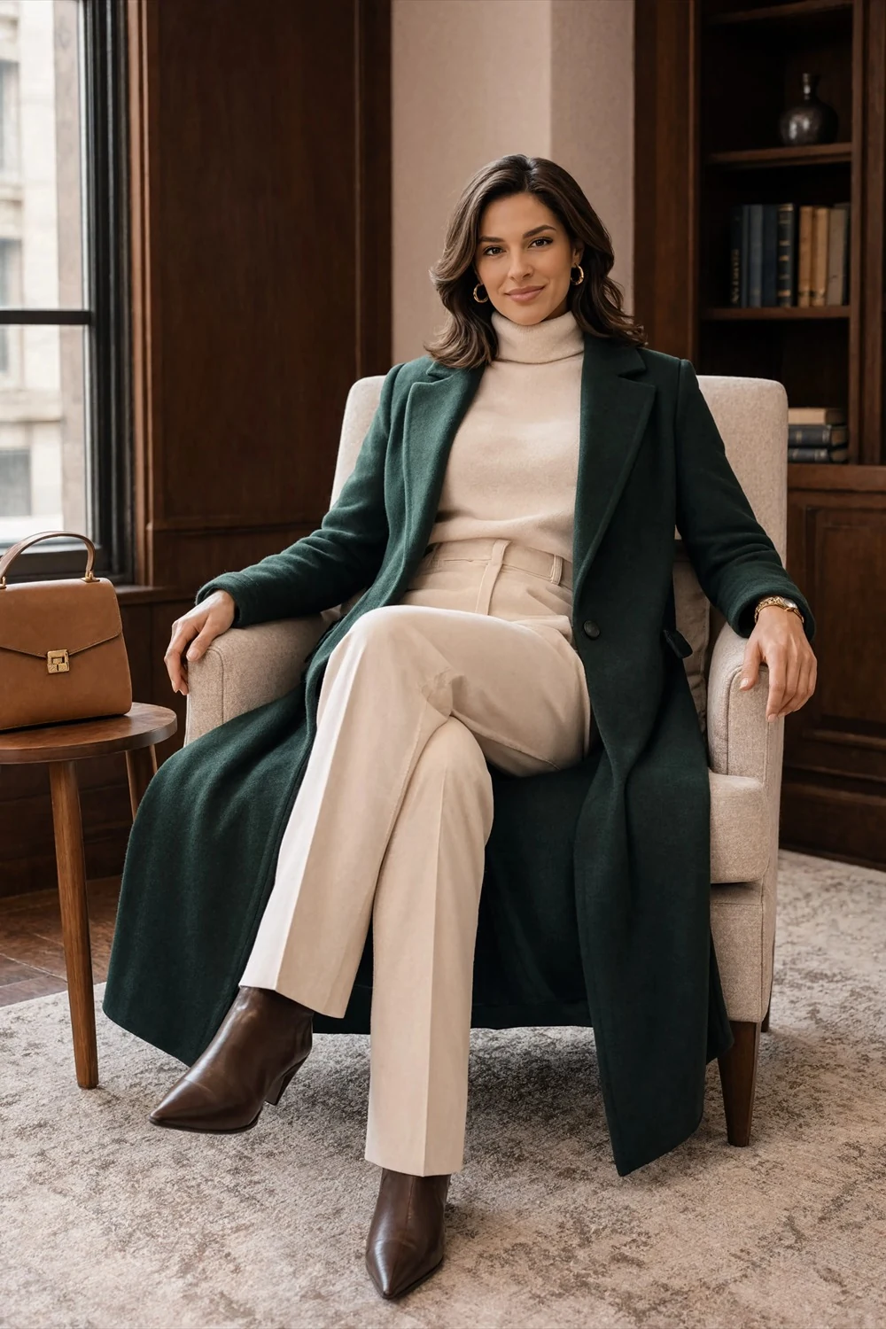 Woman in a long forest-green coat, cream turtleneck, pale trousers, and dark ankle boots for a winter city look.