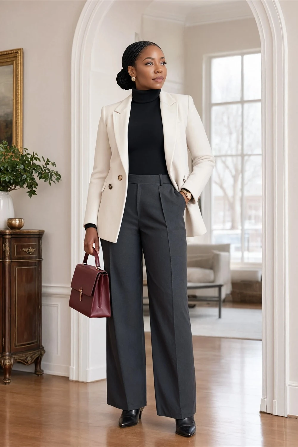 White blazer, black turtleneck, graphite trousers, black ankle boots, and burgundy bag in an office outfit.