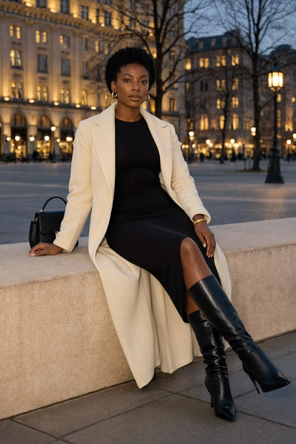 Long white coat layered over a black midi dress and black knee-high boots for a winter evening outfit.