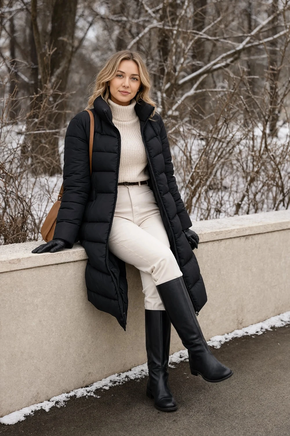Woman in a long black puffer coat over a cream turtleneck and light trousers, with black boots and gloves in a snowy setting.