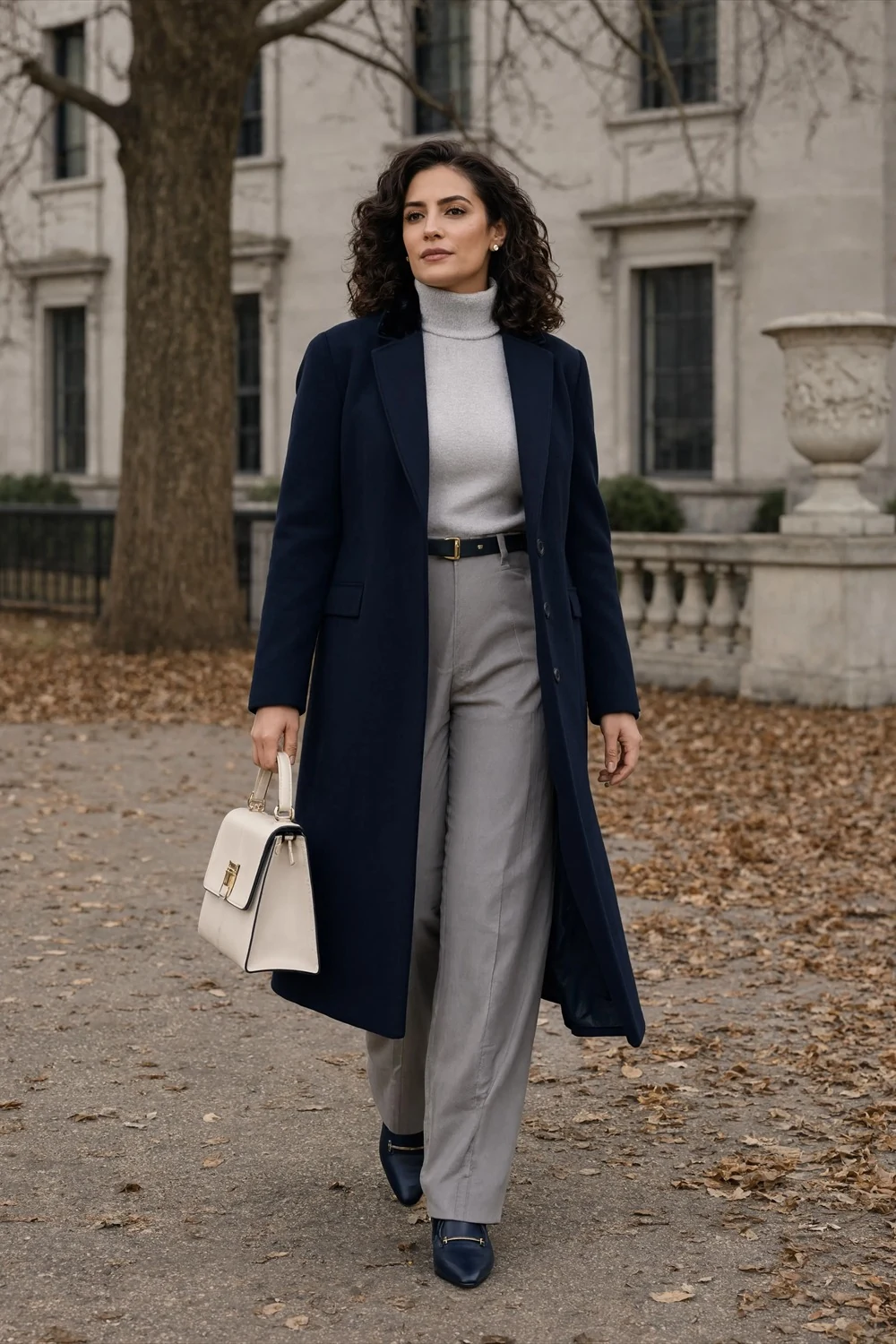 Long navy coat over gray turtleneck and trousers, finished with dark loafers for a mild winter office look.
