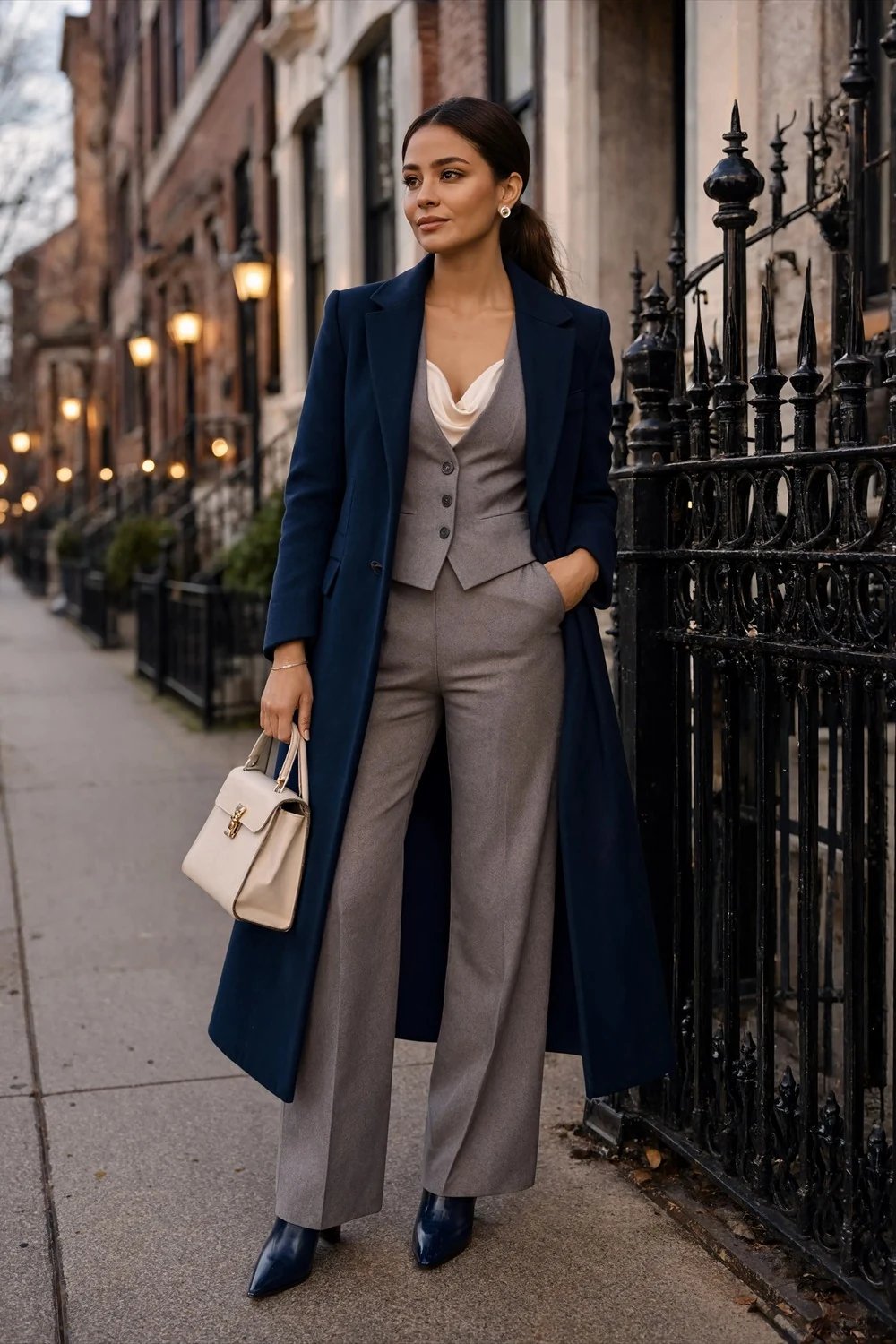 Navy long coat over a gray vest and wide-leg trouser suit with a white draped top and navy ankle boots.