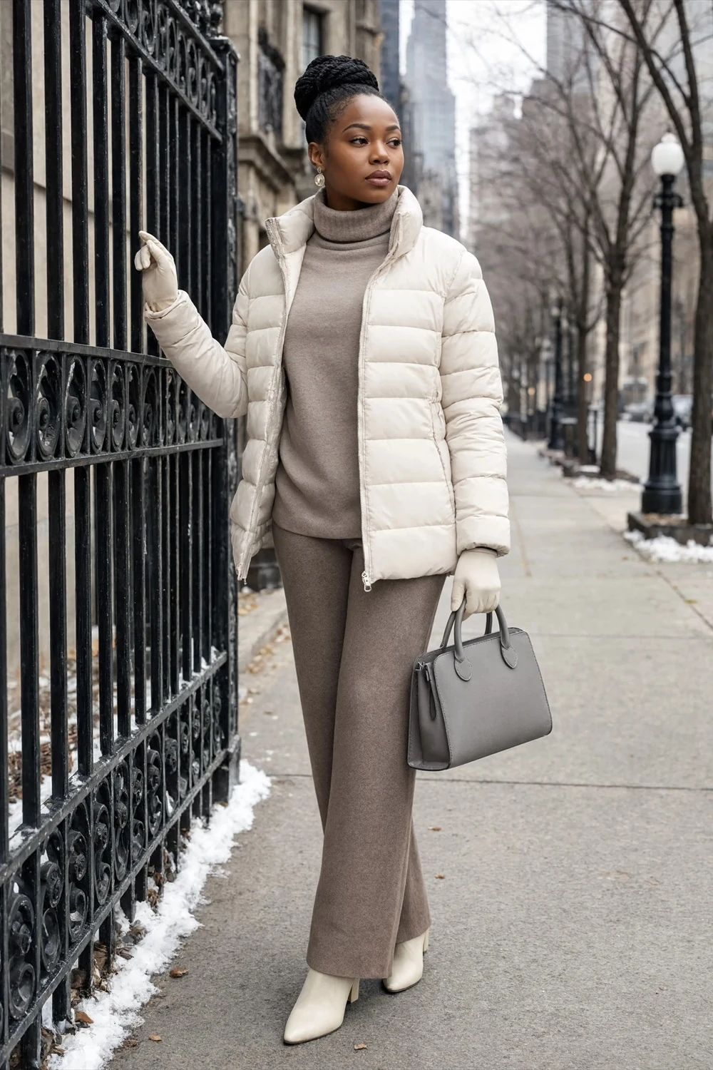 White cropped puffer, gray chunky knit sweater, wide gray trousers, pale ankle boots, gloves, and handbag.
