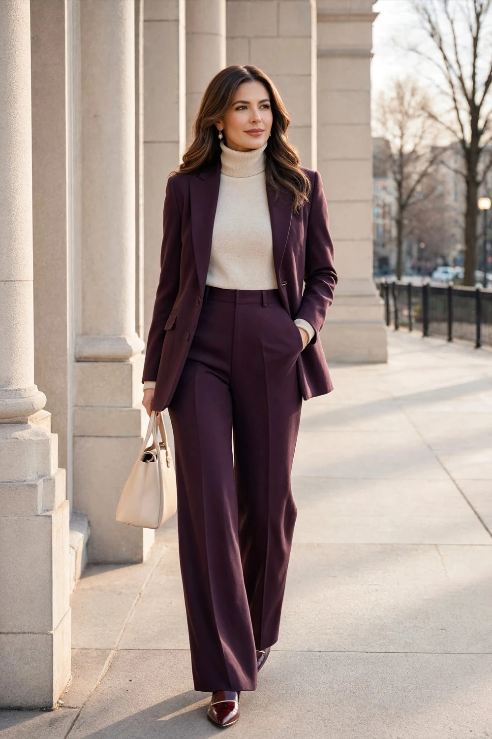 Burgundy blazer and trouser suit worn with a cream turtleneck, burgundy shoes, and light handbag.