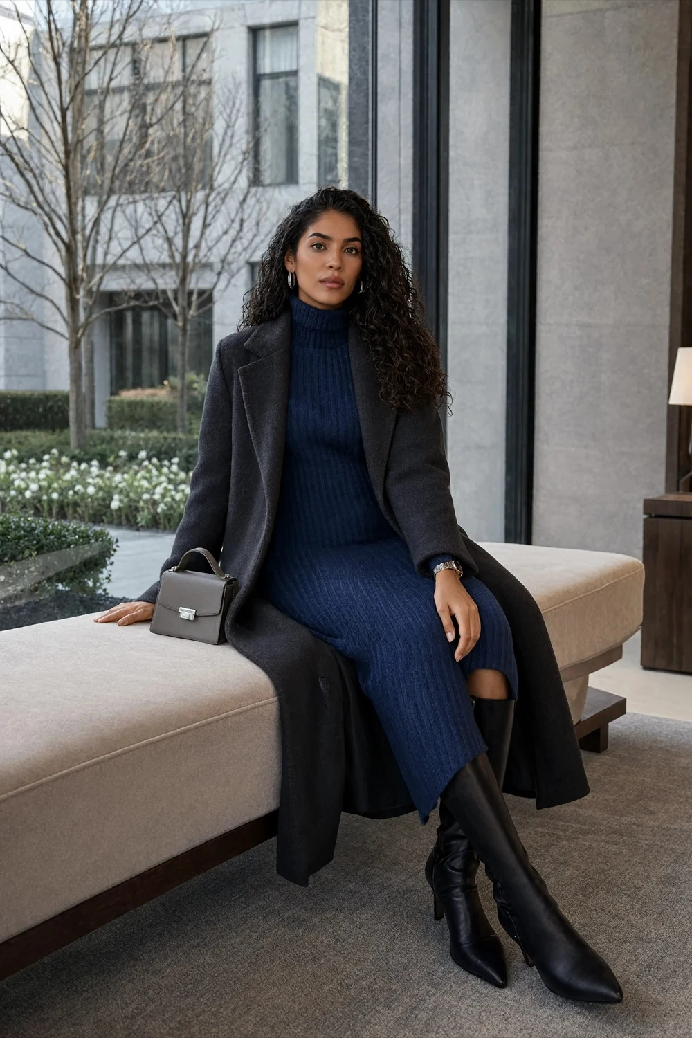 Charcoal long coat over a dark navy knit midi dress, black high boots, and gray handbag.