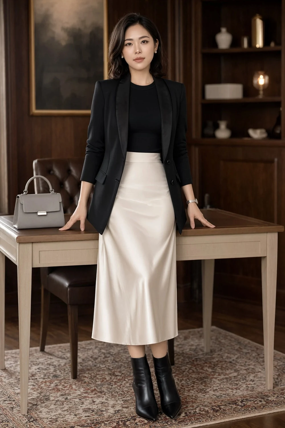 Black satin-lapel blazer and black top paired with a cream midi skirt, ankle boots, and gray bag.