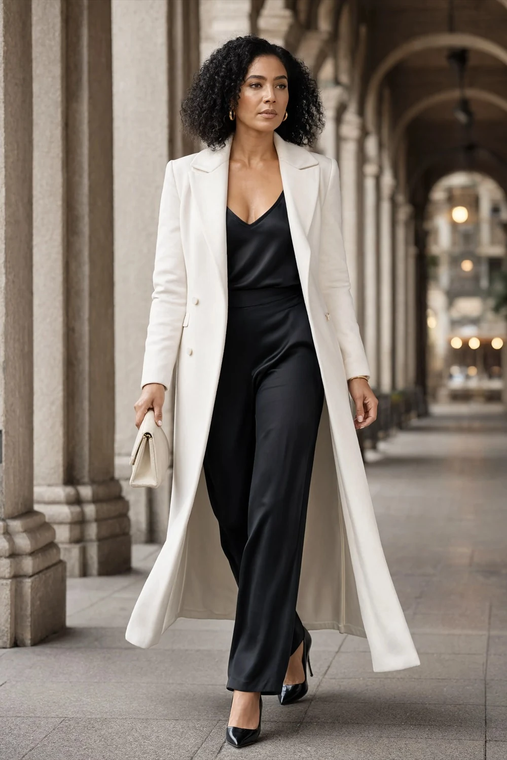 Long white coat over a black satin-look top and wide-leg black trousers, worn with black pumps and light handbag.