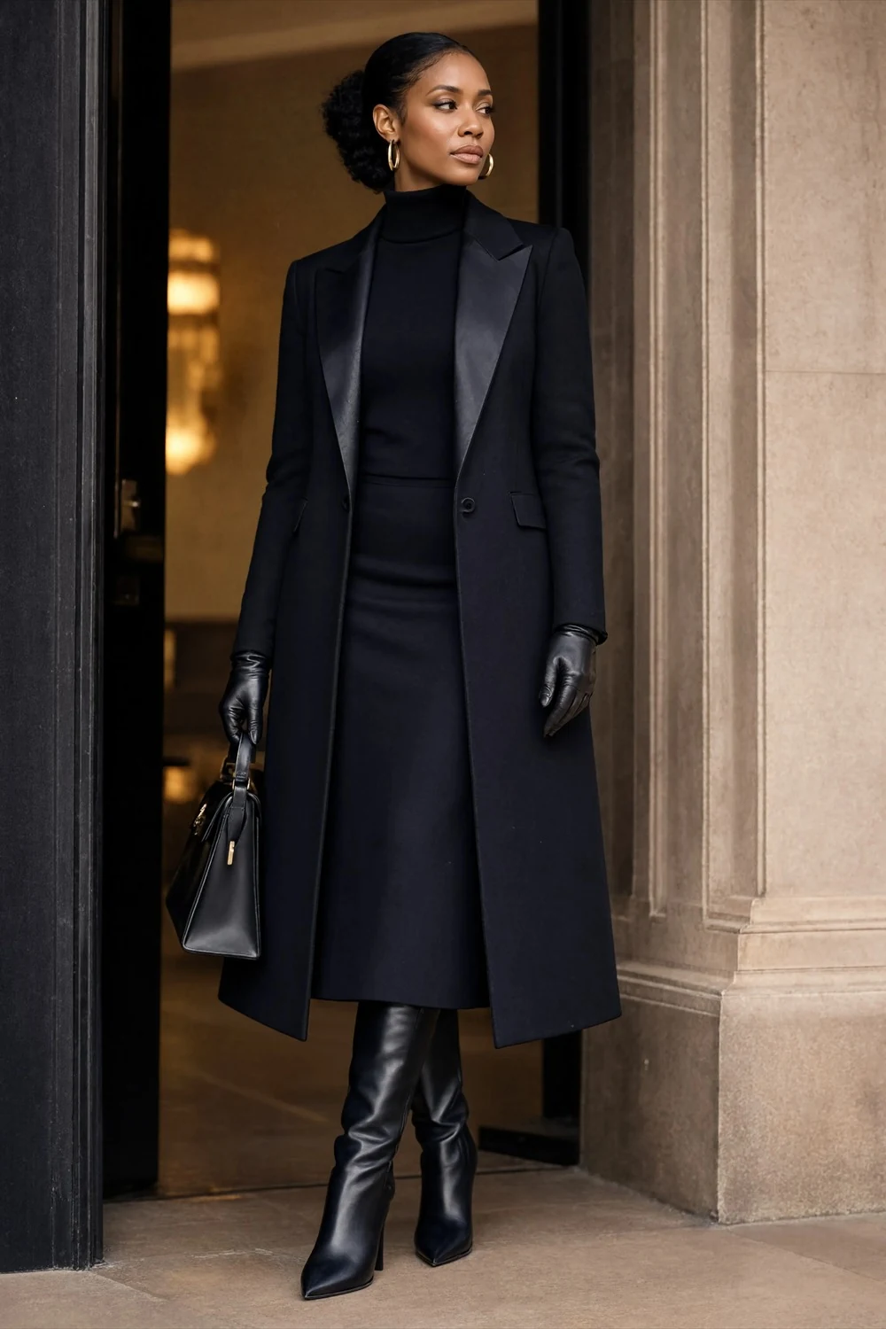 Elegant navy coat with dark knitwear and midi skirt, styled with tall black boots, gloves, and a handbag.