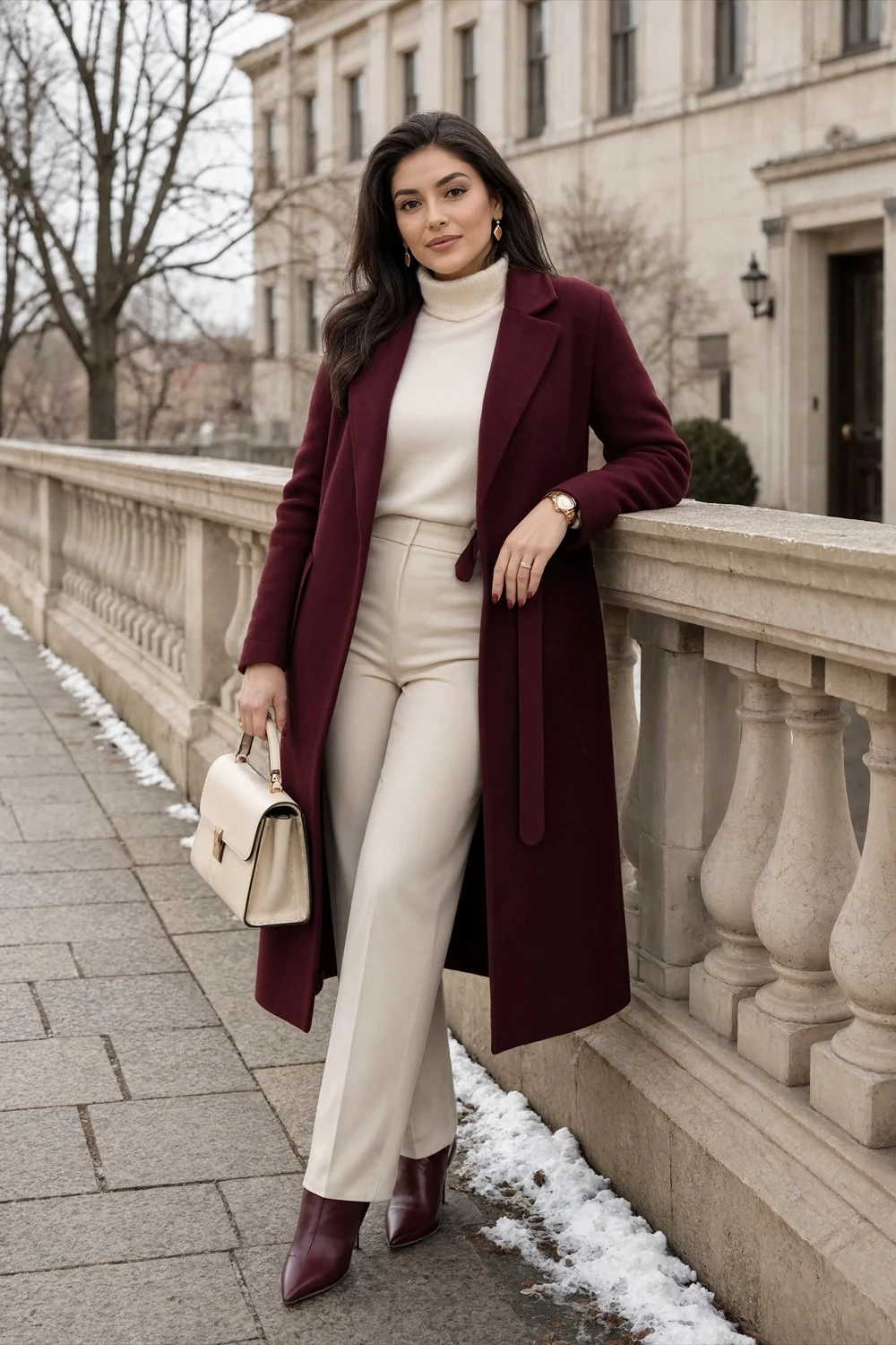 Burgundy long coat paired with a cream turtleneck, wide light trousers, burgundy ankle boots, and a light handbag.
